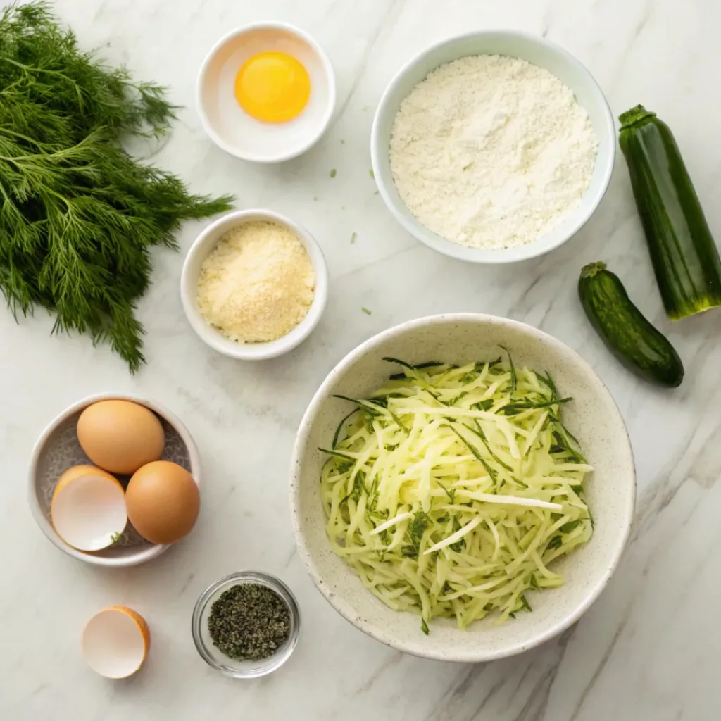 Crispy Zucchini Fritters – Golden, Crunchy & Easy Skillet Recipe 6 Flat lay of zucchini, eggs, flour, herbs, and fritter ingredients