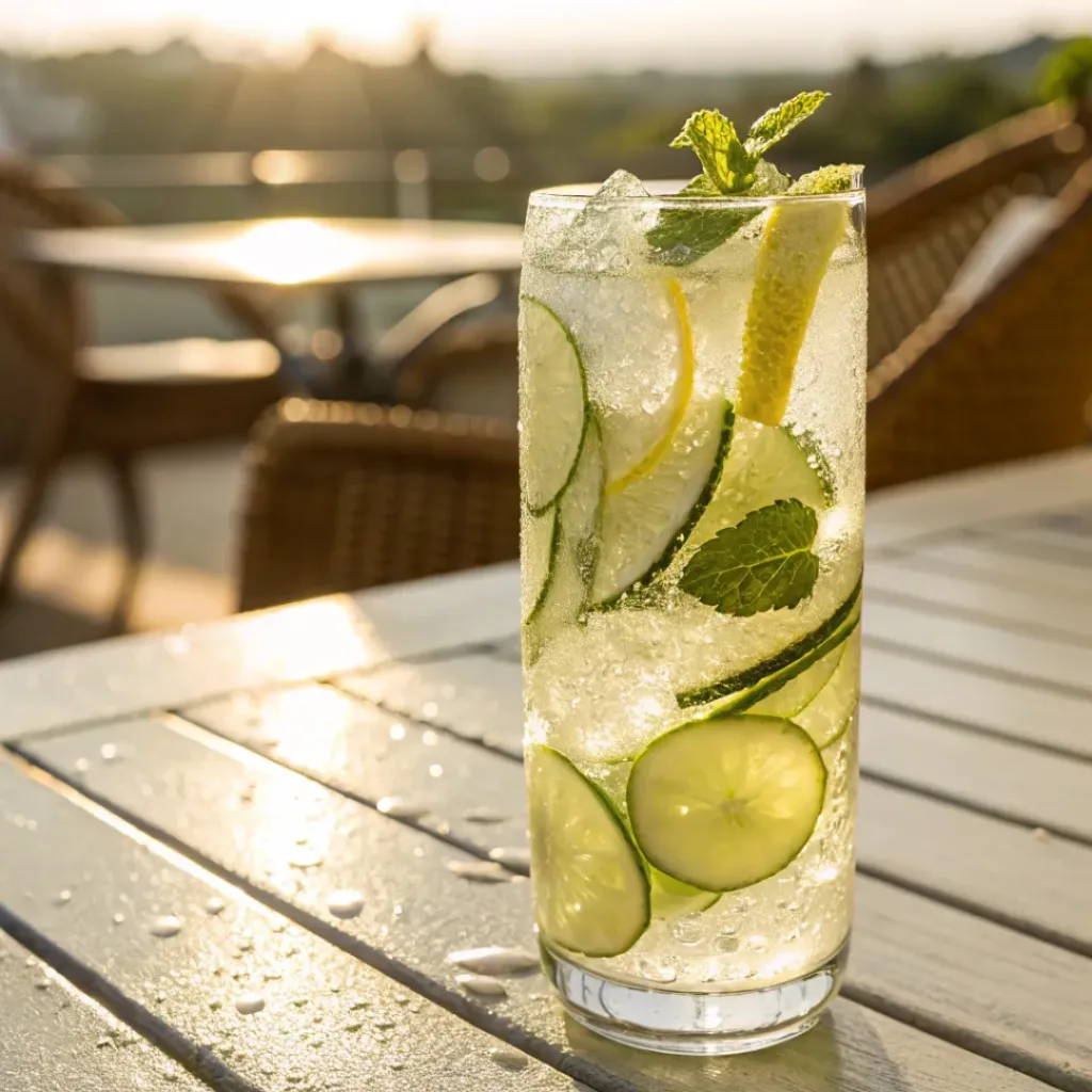 Cold cucumber lemonade drink with mint and lemon garnish