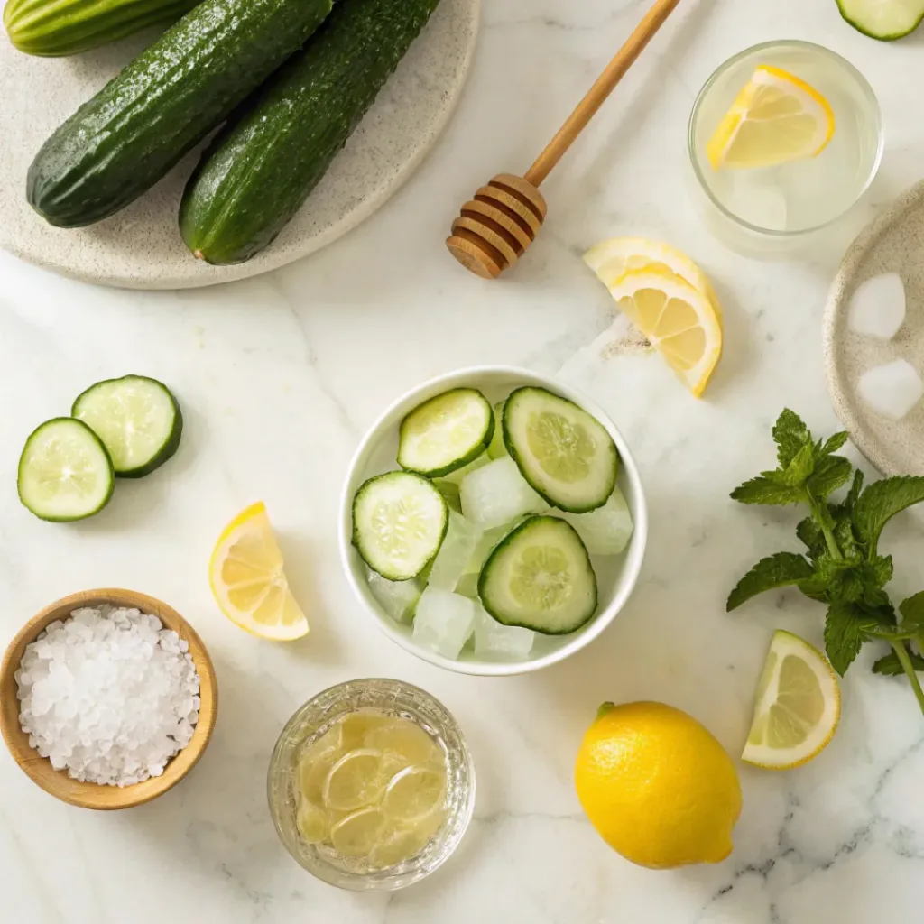 Flat lay of cucumbers, lemons, mint, and lemonade ingredients