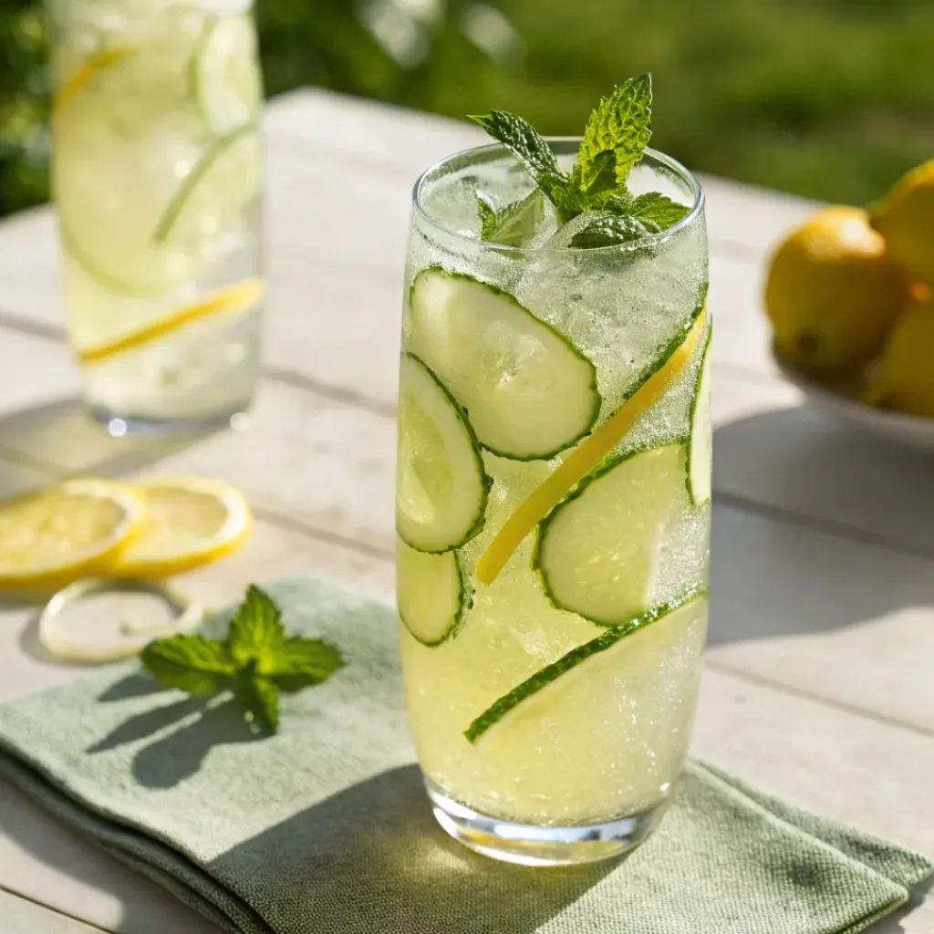 Home 6 Cold cucumber lemonade mocktail with lemon and mint garnish