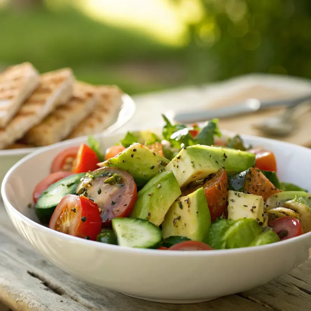 Cucumber tomato avocado salad served with grilled chicken and bread
