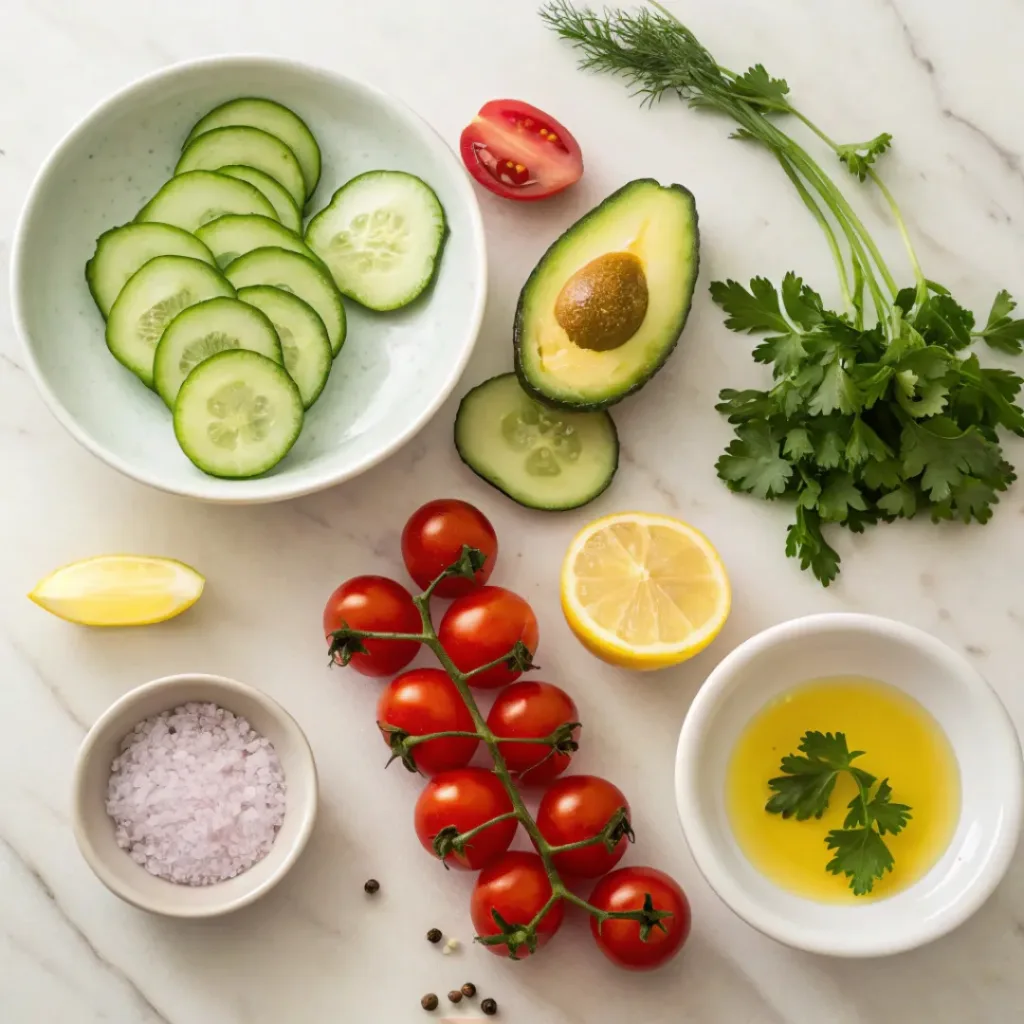 Flat lay of cucumber, tomato, avocado, lemon, and herbs