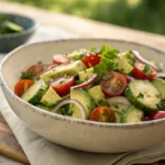 Cucumber tomato avocado salad with fresh herbs and lemon dressing