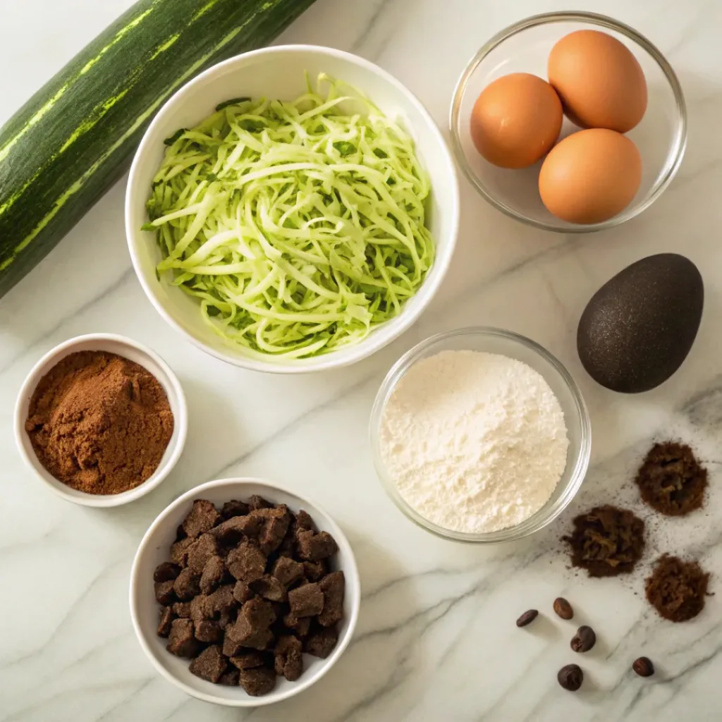 Double Chocolate Zucchini Bread – Moist, Rich & Ultra Chocolatey Quick Bread 6 Flat lay of zucchini, cocoa, chocolate chips, and baking ingredients