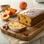 Sliced spiced peach bread with juicy peaches and cinnamon