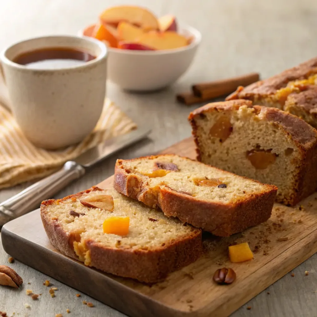 Spiced peach bread served with butter and coffee