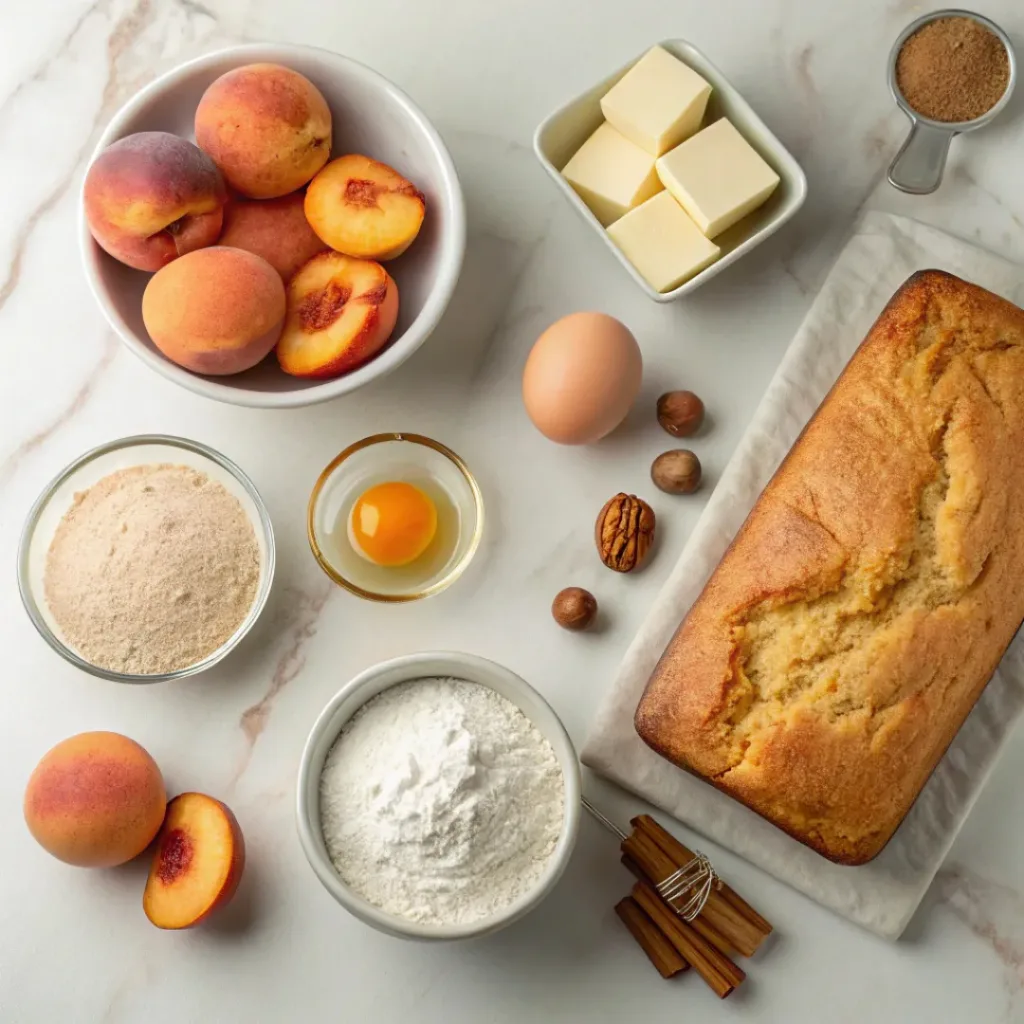 Easy Spiced Peach Bread Ingredients Flat Lay
