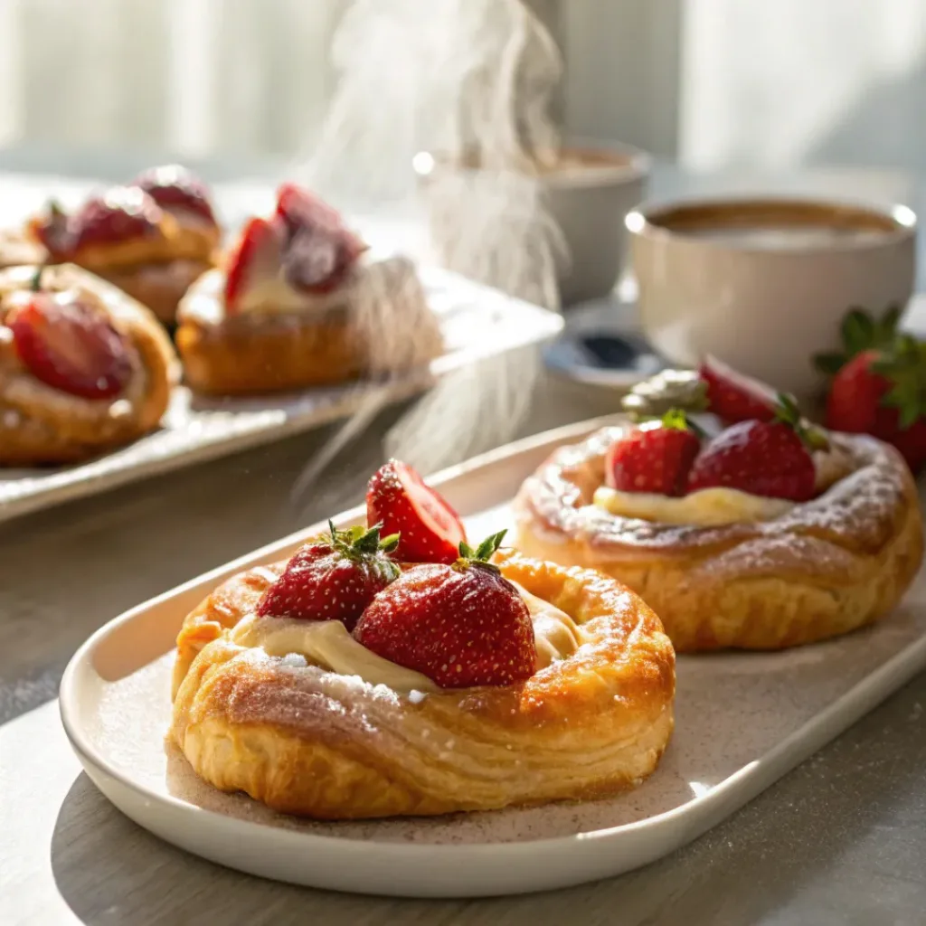 Easy Strawberry Danish – Flaky, Creamy & Sweet Bakery-Style Pastry 8 Flaky strawberry danish with cream cheese filling and glaze
