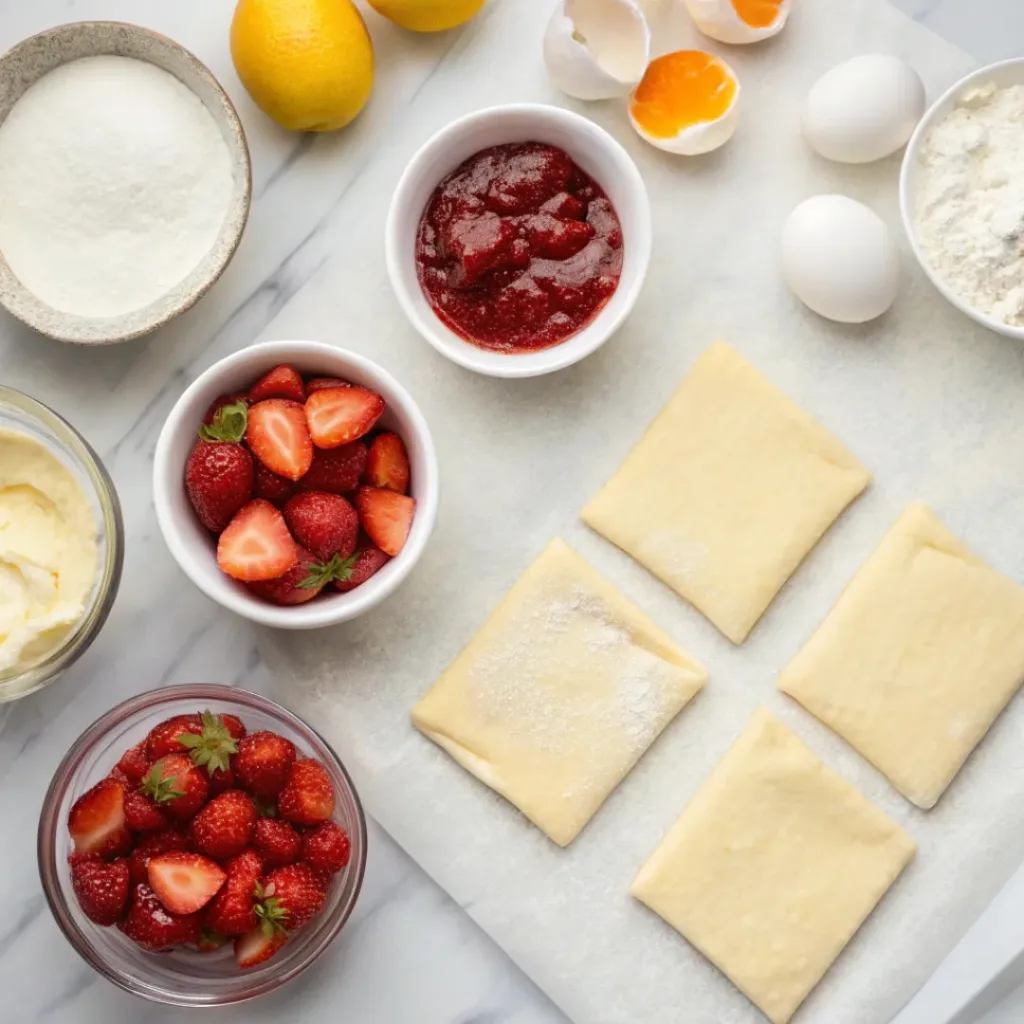 Easy Strawberry Danish – Flaky, Creamy & Sweet Bakery-Style Pastry 6 Flat lay of puff pastry, strawberries, cream cheese, and baking ingredients