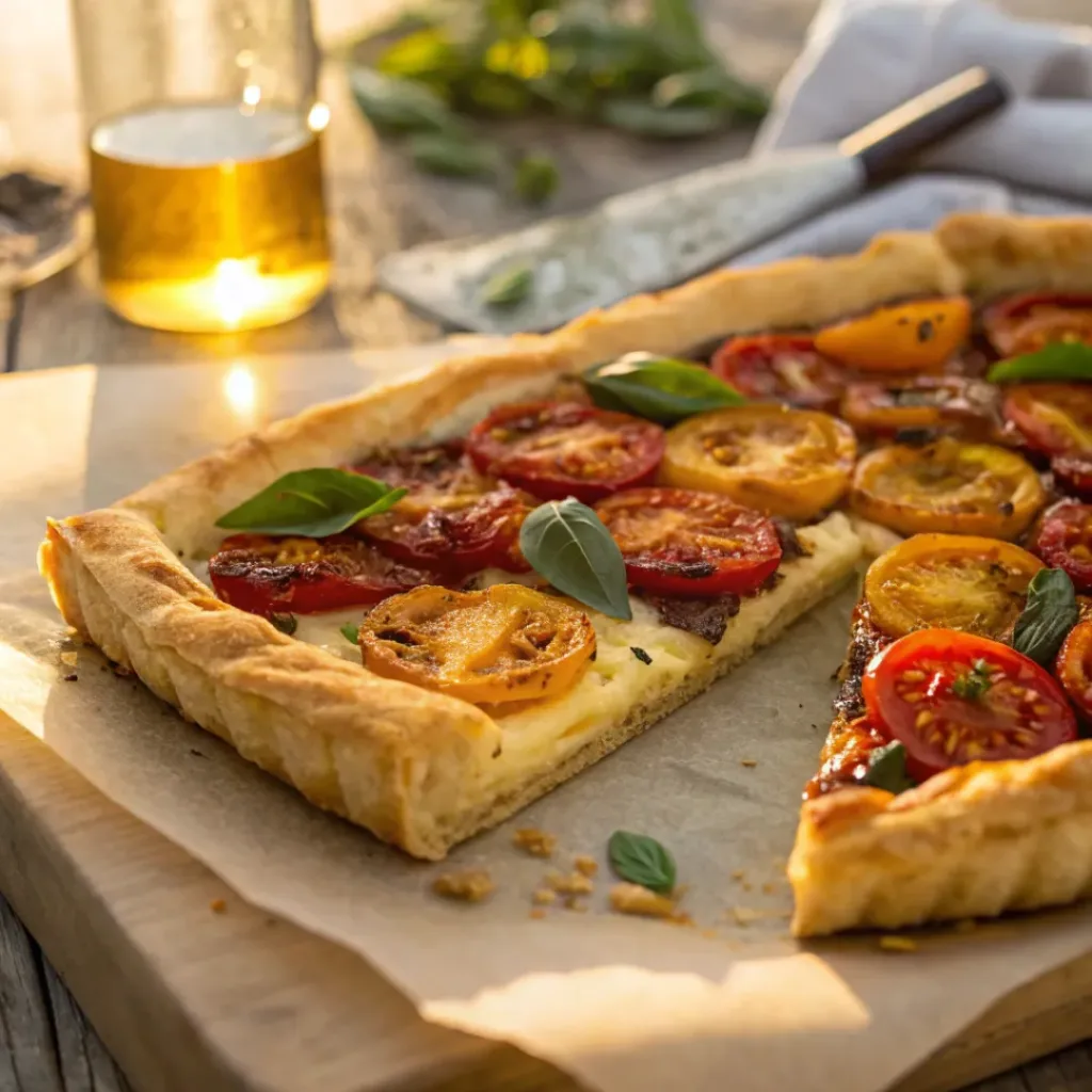 Flaky tomato tart with roasted tomatoes, basil, and cheese