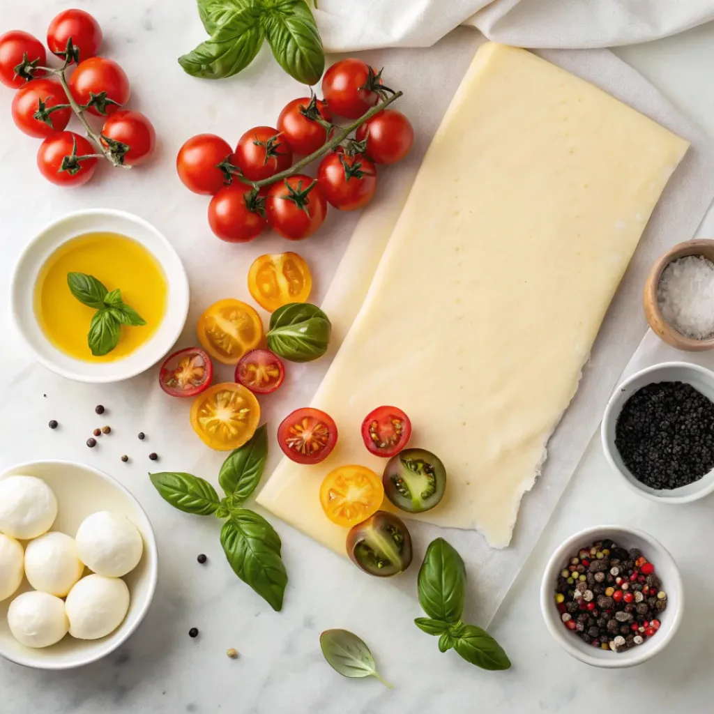 Flat lay of tomatoes, pastry, cheese, basil, and olive oil