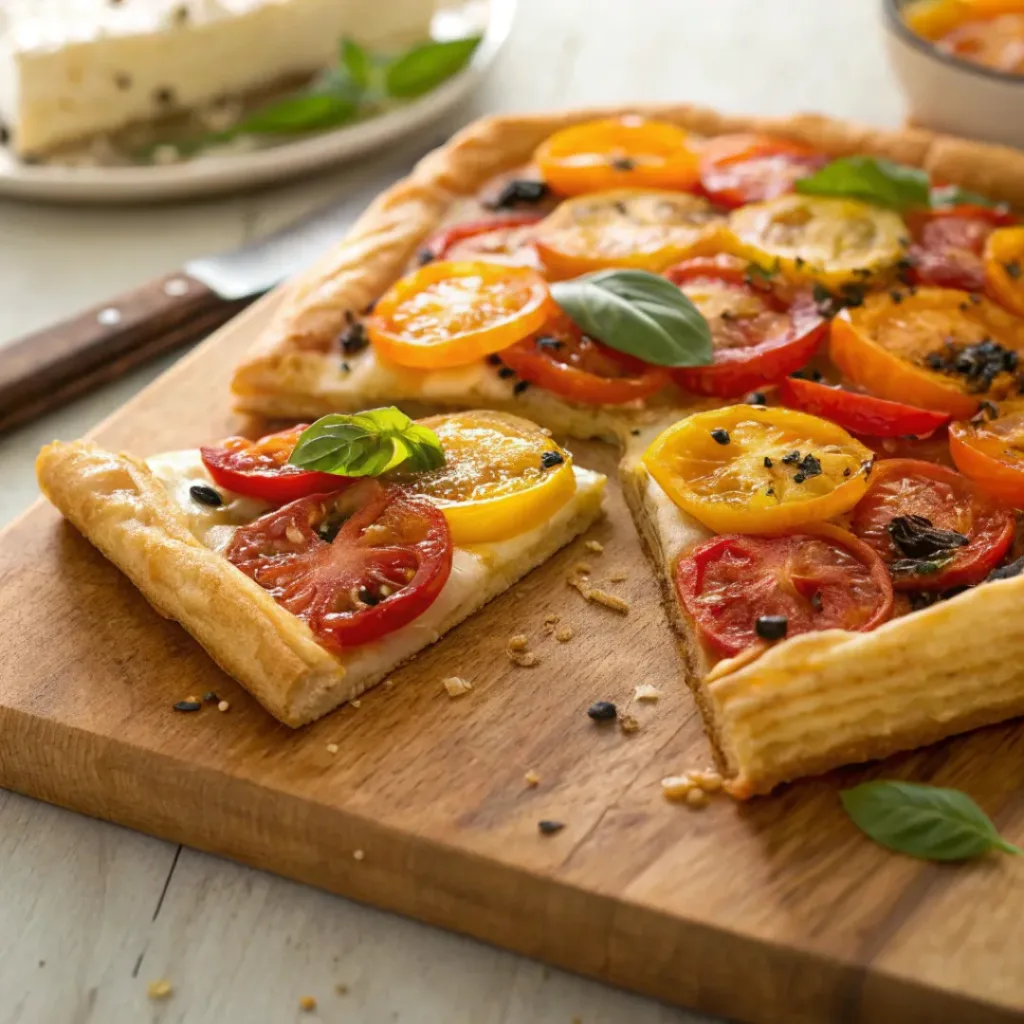 Tomato tart with puff pastry, basil, and melted cheese