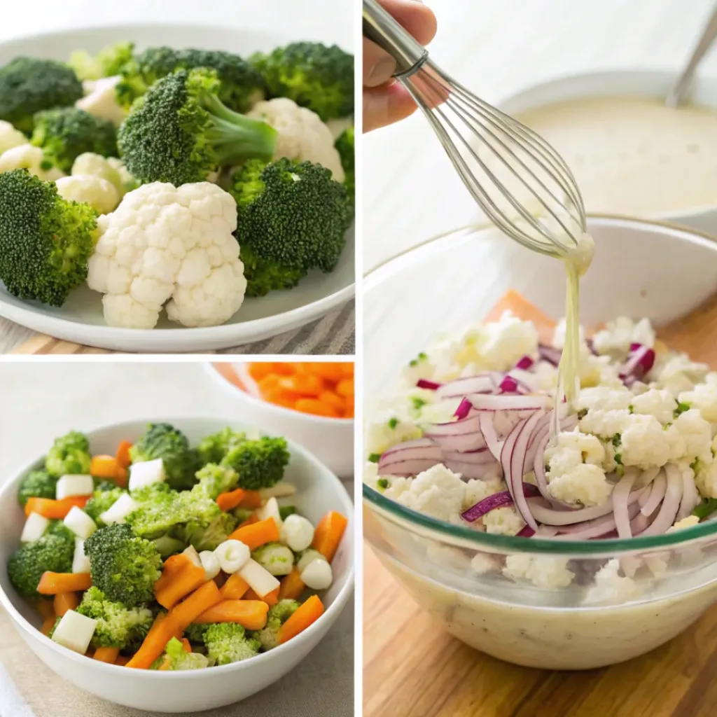 Four step collage showing chopping vegetables, preparing toppings, mixing dressing, and tossing salad