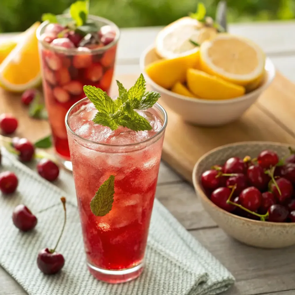 Fresh Cherry Lemonade – Sweet, Tart & Ultra Refreshing Summer Drink 8 Cherry lemonade served with ice, mint, and lemon slices