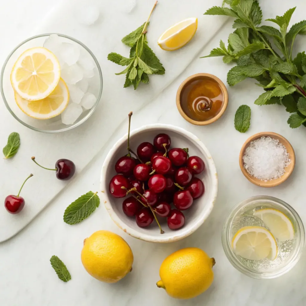 Fresh Cherry Lemonade – Sweet, Tart & Ultra Refreshing Summer Drink 6 Flat lay of cherries, lemons, mint, and lemonade ingredients