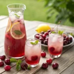 Cherry lemonade with ice, lemon slices, and fresh cherries
