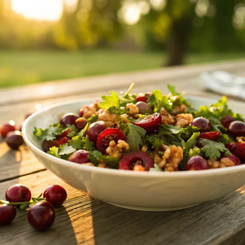 Fresh Herb Cherry Salad with Walnut and Cilantro – Sweet, Fresh & Crunchy Summer Salad 8 Cherry salad with walnuts and cilantro served fresh