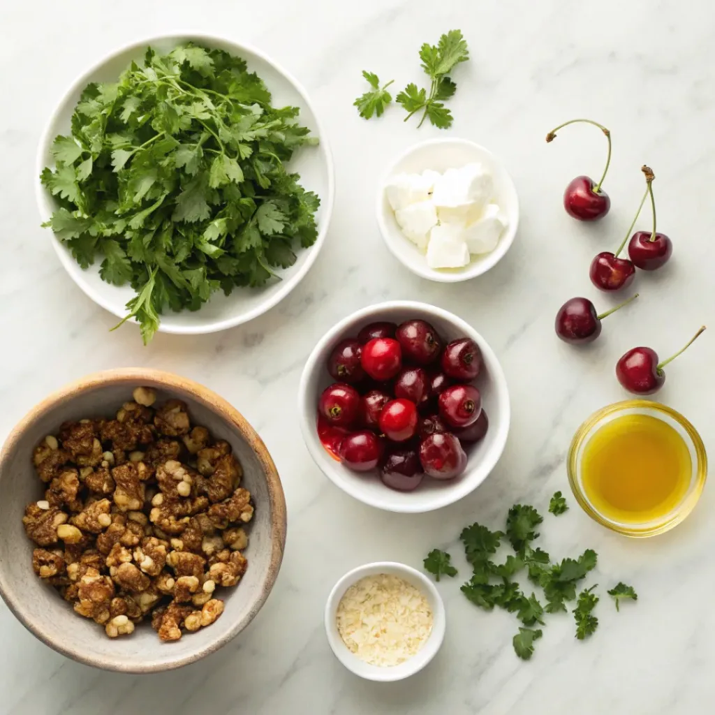 Fresh Herb Cherry Salad with Walnut and Cilantro – Sweet, Fresh & Crunchy Summer Salad 6 Flat lay of cherries, walnuts, cilantro, greens, and dressing ingredients