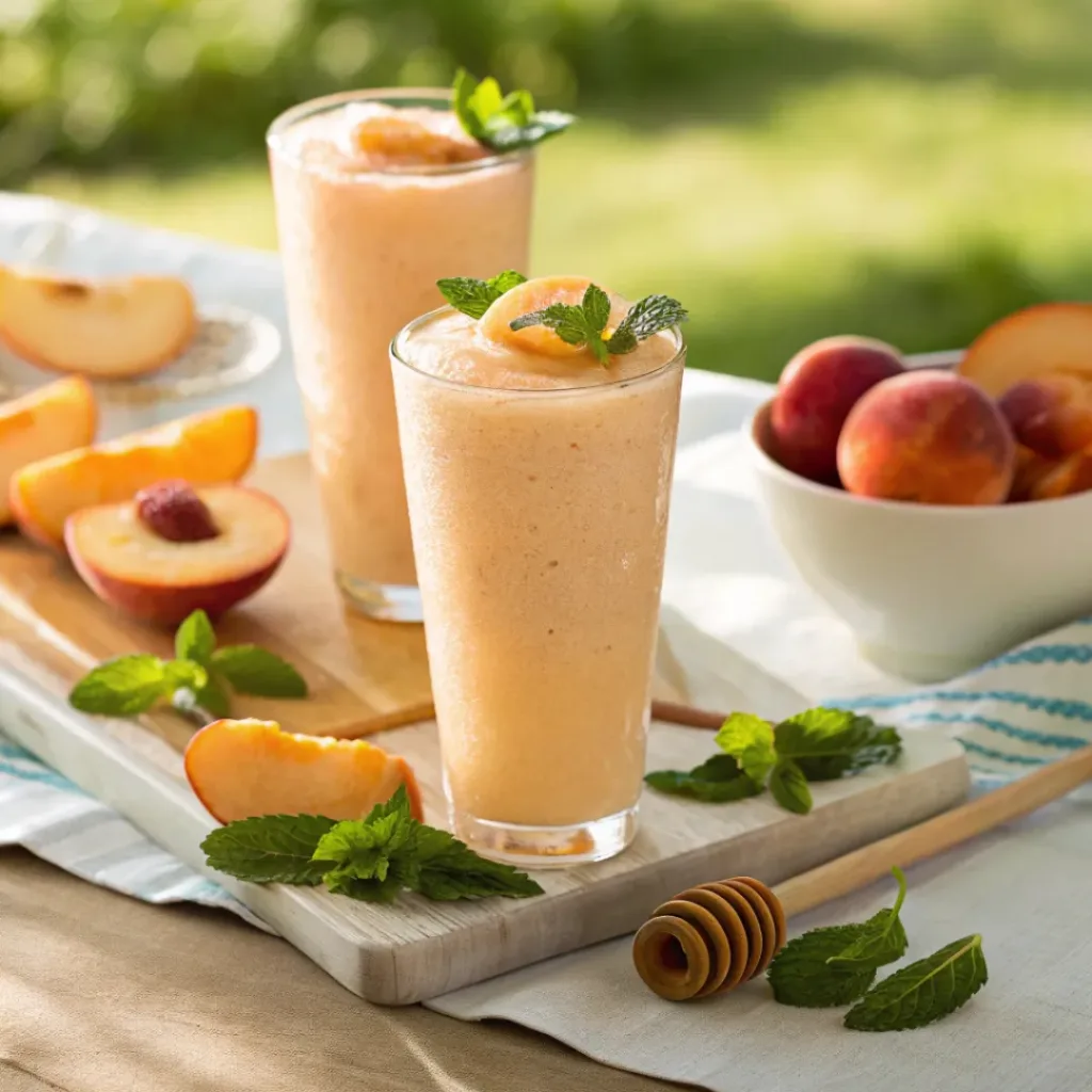 Four step collage showing slicing peaches, blending, pouring, and serving smoothie
