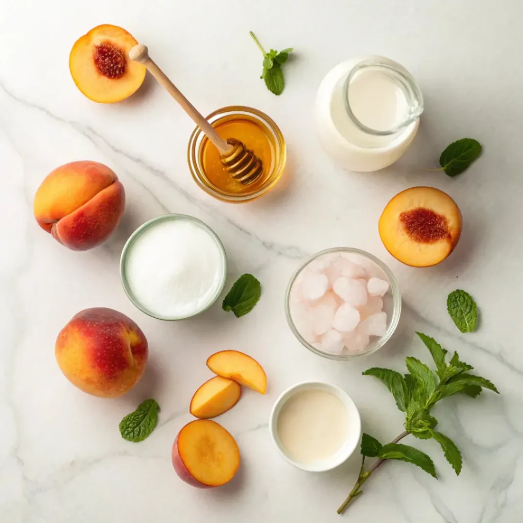 Flat lay of peaches, yogurt, milk, honey, and smoothie ingredients