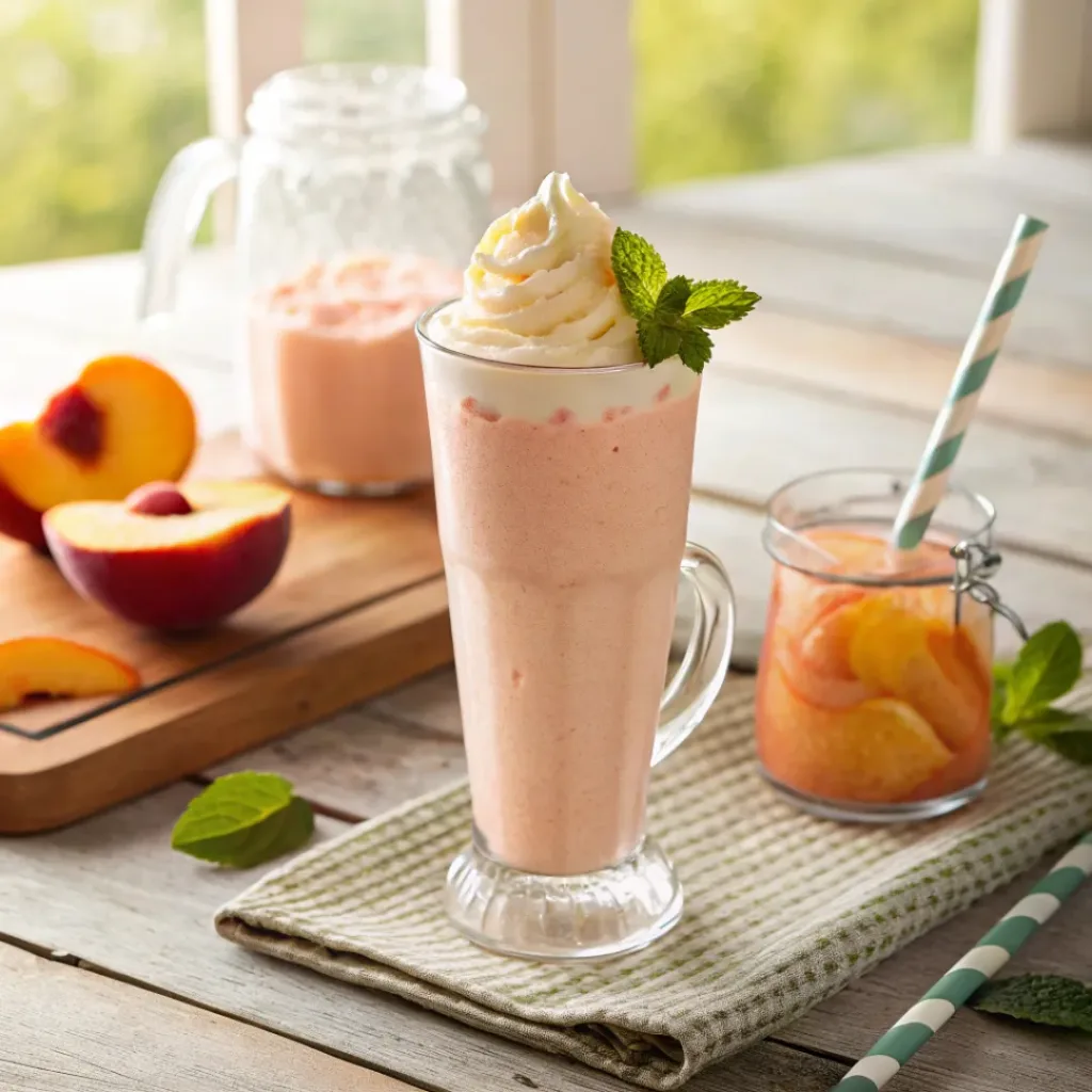 Home 7 Creamy peach smoothie with fresh peach slices and mint