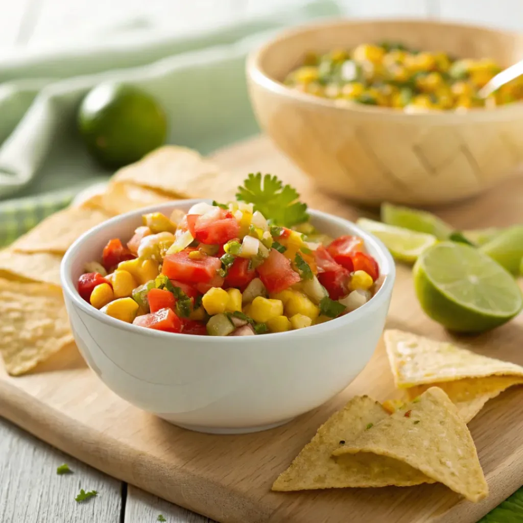 Fresh Summer Corn Salsa – Bright, Crunchy & Zesty No-Cook Salsa 8 Corn salsa served with tortilla chips and summer dishes