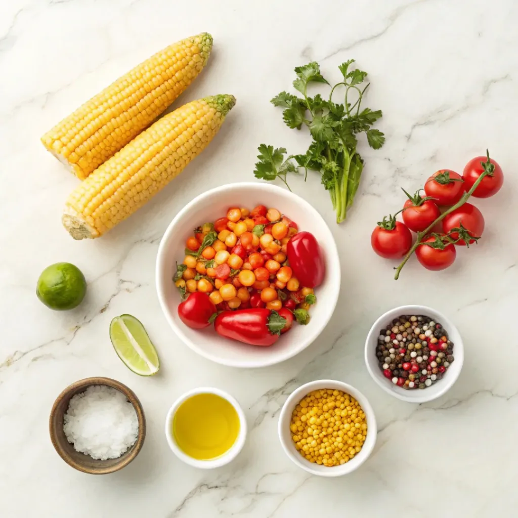 Fresh Summer Corn Salsa – Bright, Crunchy & Zesty No-Cook Salsa 6 Flat lay of corn, tomatoes, peppers, lime, and salsa ingredients
