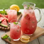 Watermelon lemonade with ice, lemon slices, and mint