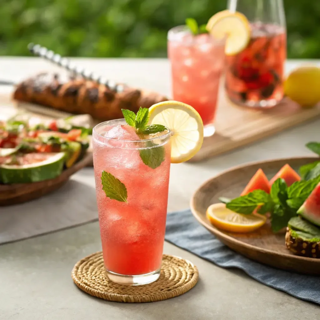 Watermelon lemonade served in glasses with ice and mint