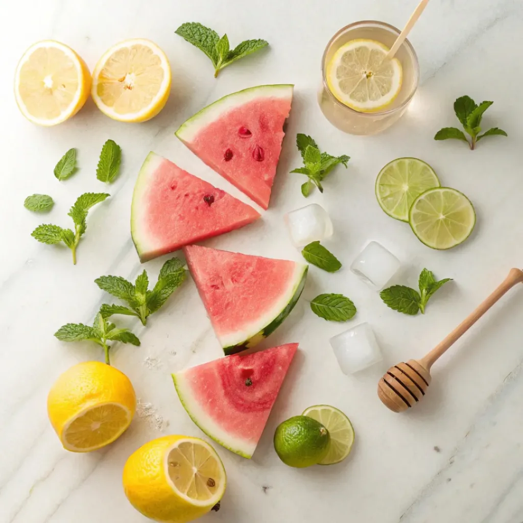 Flat lay of watermelon, lemon, mint, and lemonade ingredients