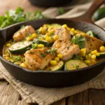Garlic butter chicken with zucchini and corn in a skillet