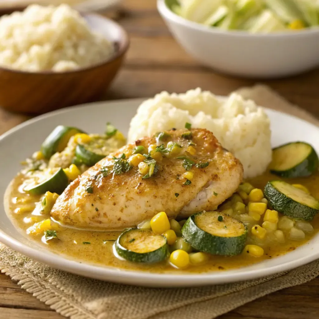 Garlic butter chicken skillet served with vegetables and sides