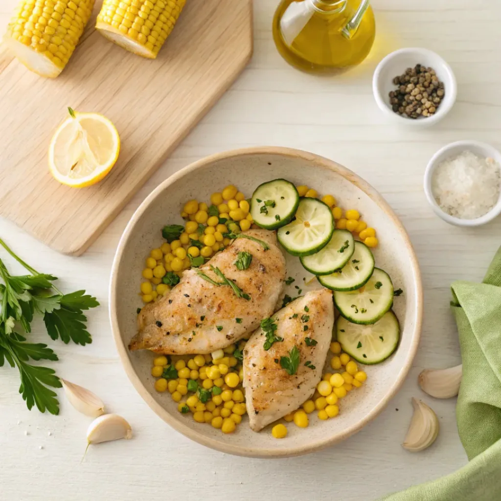 Flat lay of chicken, zucchini, corn, garlic, and butter ingredients