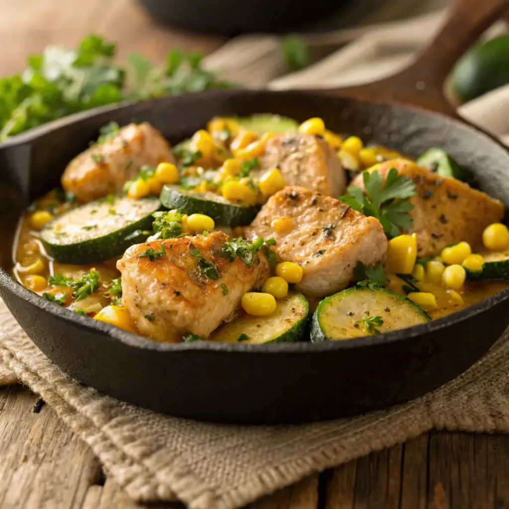Garlic butter chicken with zucchini and corn in a skillet