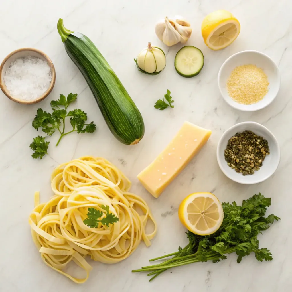 Garlic Parmesan Summer Squash Pasta – Creamy, Light & Fresh Summer Dinner 6 Flat lay of pasta, squash, garlic, parmesan, and herbs