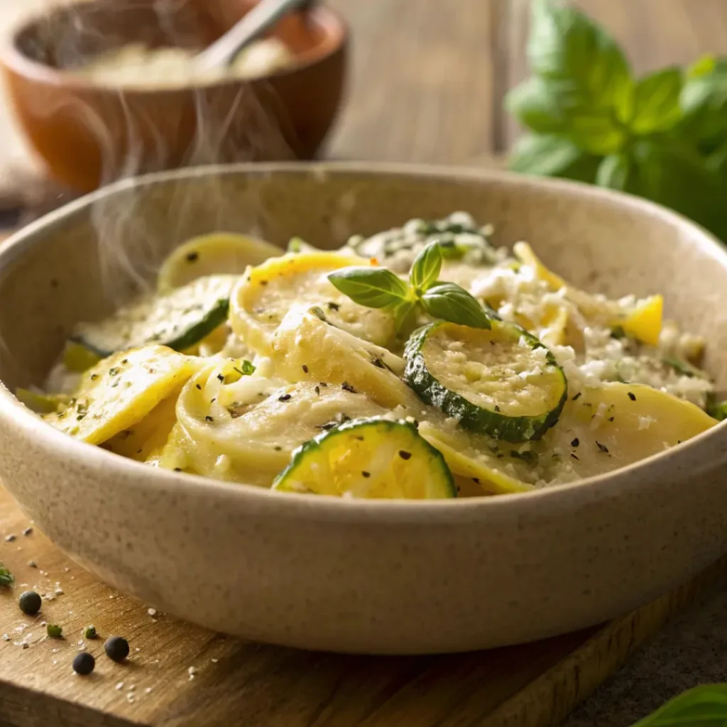 Creamy garlic parmesan pasta with summer squash and herbs