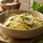 Creamy garlic parmesan pasta with summer squash and herbs
