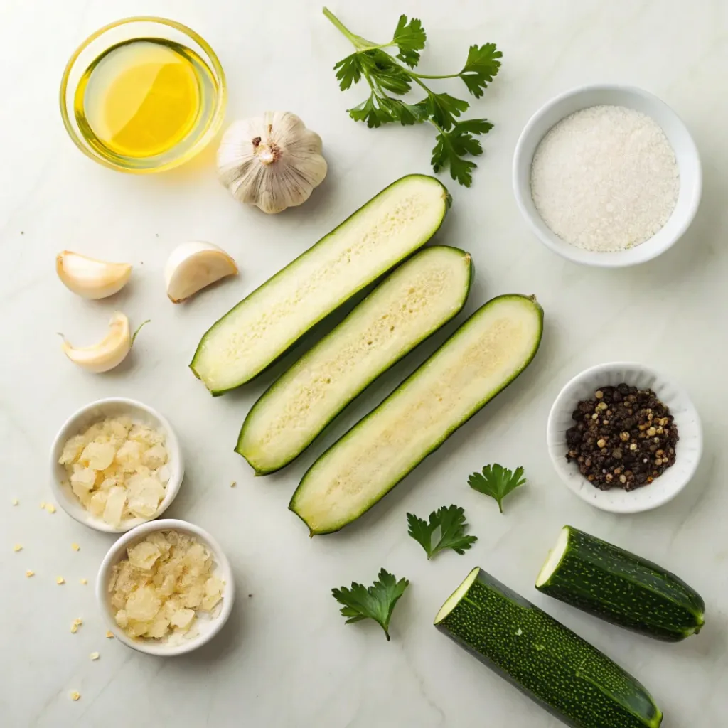 Garlic Roasted Zucchini – Simple, Savory & Oven-Roasted Side Dish 6 Flat lay of zucchini, garlic, olive oil, and herbs