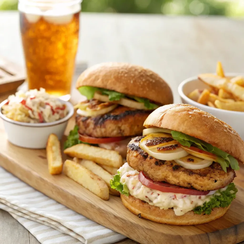 Grilled chicken burgers served with fries and drink
