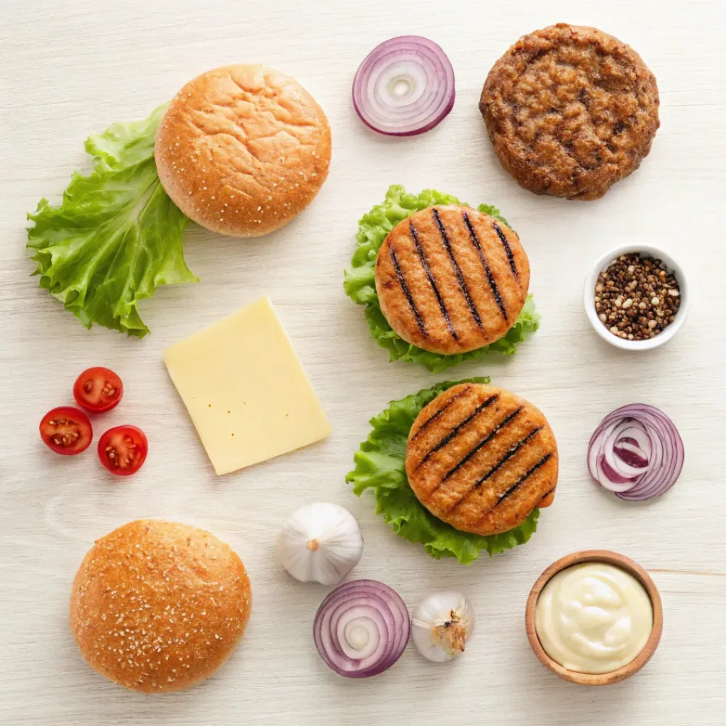 Flat lay of chicken patties, buns, vegetables, and burger ingredients