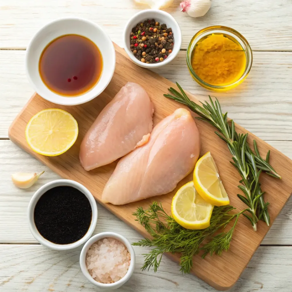 Grilled Chicken Marinade – Juicy, Flavorful & Perfect for BBQs 6 Flat lay of herbs, garlic, lemon, spices, and chicken marinade ingredients