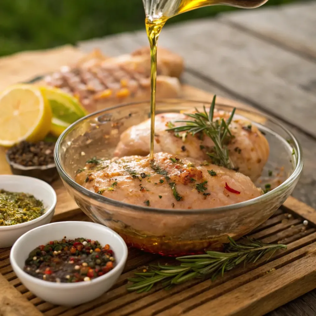 Chicken marinating with garlic, herbs, lemon, and spices
