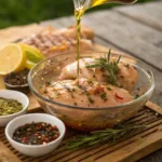Chicken marinating with garlic, herbs, lemon, and spices