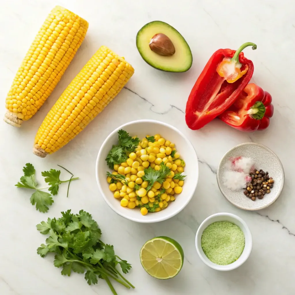 Flat lay of corn, avocado, peppers, onion, lime, and herbs