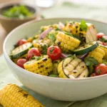 Grilled corn and zucchini salad with tomatoes and herbs