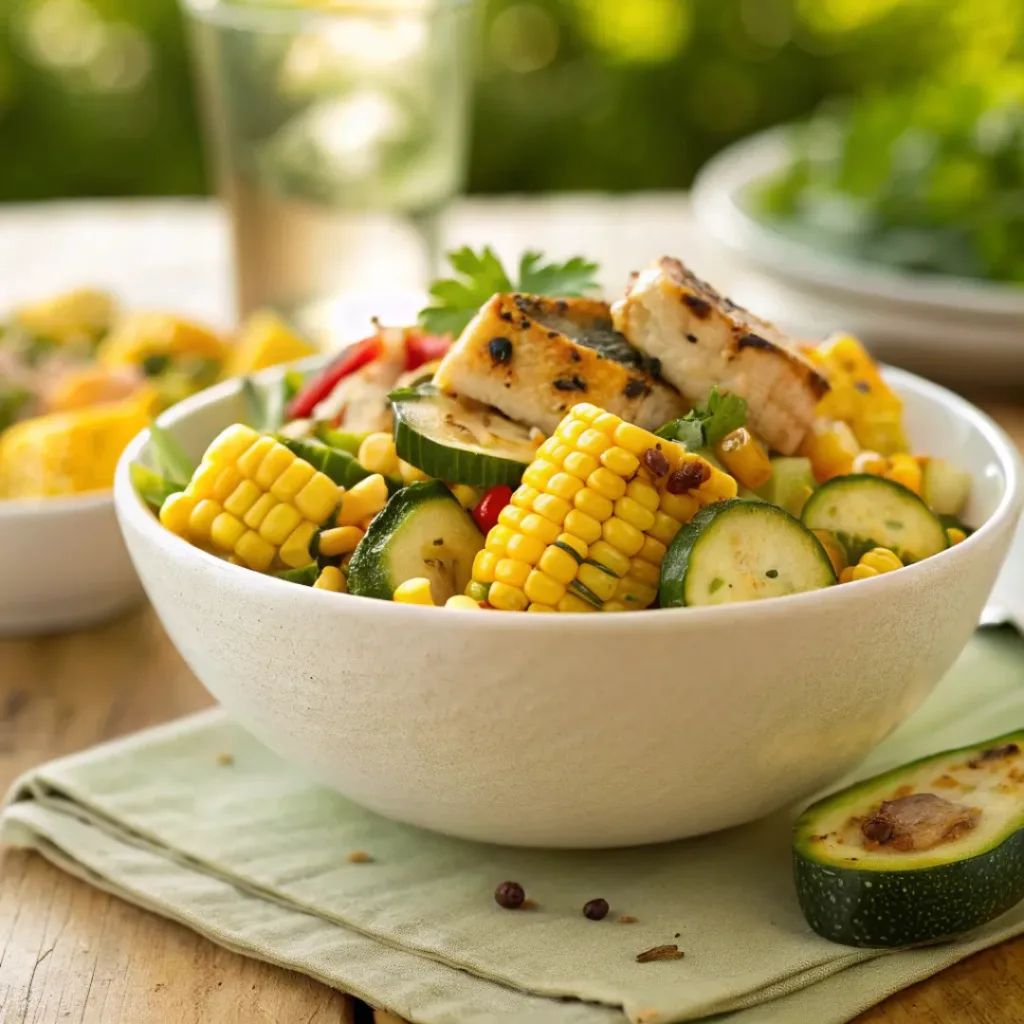 Grilled corn zucchini salad served with grilled meats