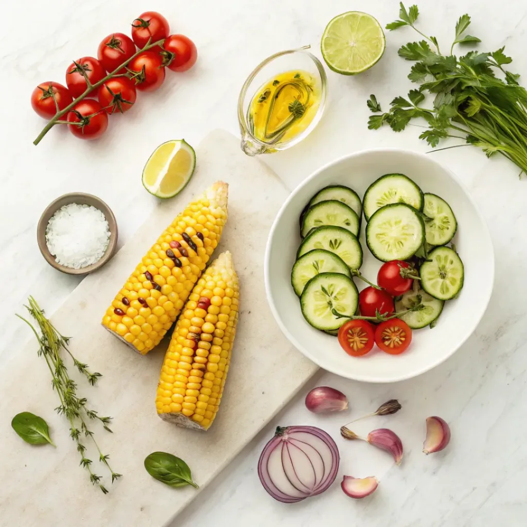 Flat lay of corn, zucchini, tomatoes, lime, and herbs