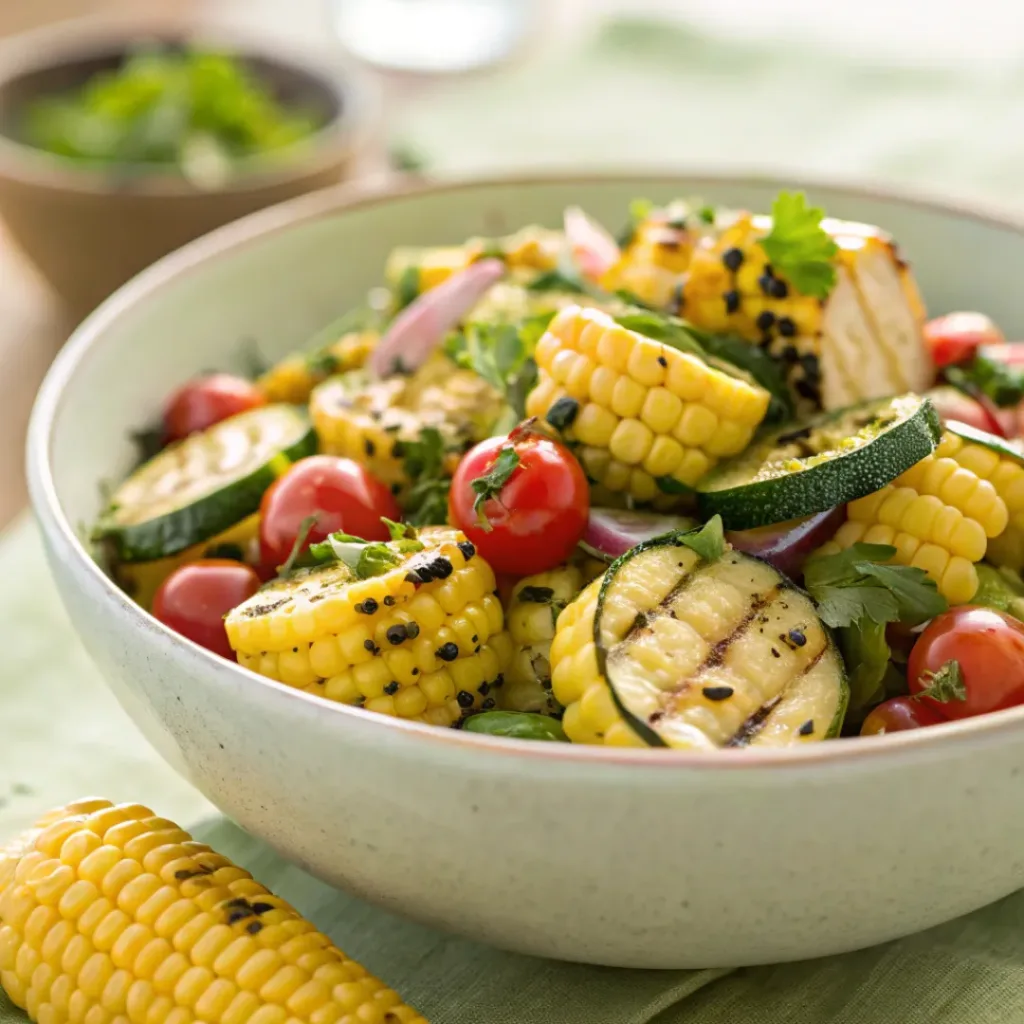 Grilled corn and zucchini salad with tomatoes and herbs
