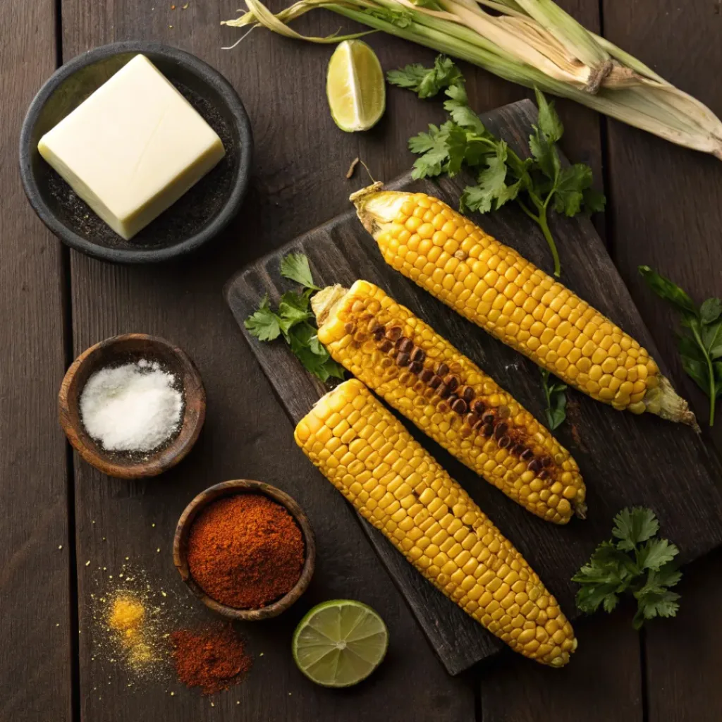 Grilled Corn on the Cob – Smoky, Juicy & Buttery Summer Classic 6 Flat lay of corn, butter, spices, and lime for grilling