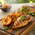 Grilled chicken with peach glaze and jalapeño slices on platter